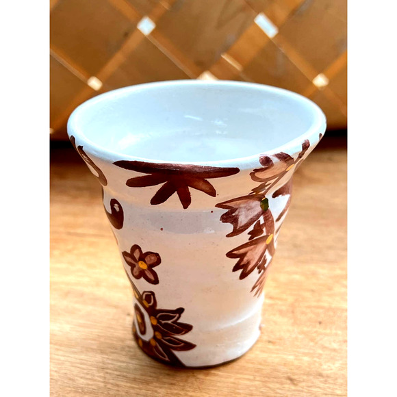 Ceramic Vase/Pen-Pencil Holder Brown Designs on White/Genuine 18k Gold Accents - Picture 3 of 7